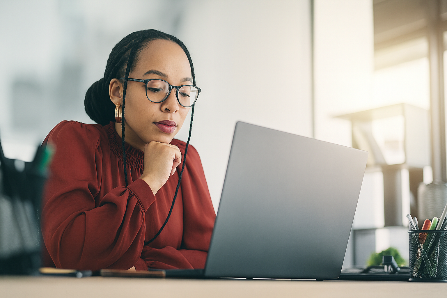 A person in a red blouse and glasses sits at a desk in a modern office, thoughtfully looking at a laptop screen. A pen holder with writing tools is nearby, and the softly lit background includes shelves and a window.