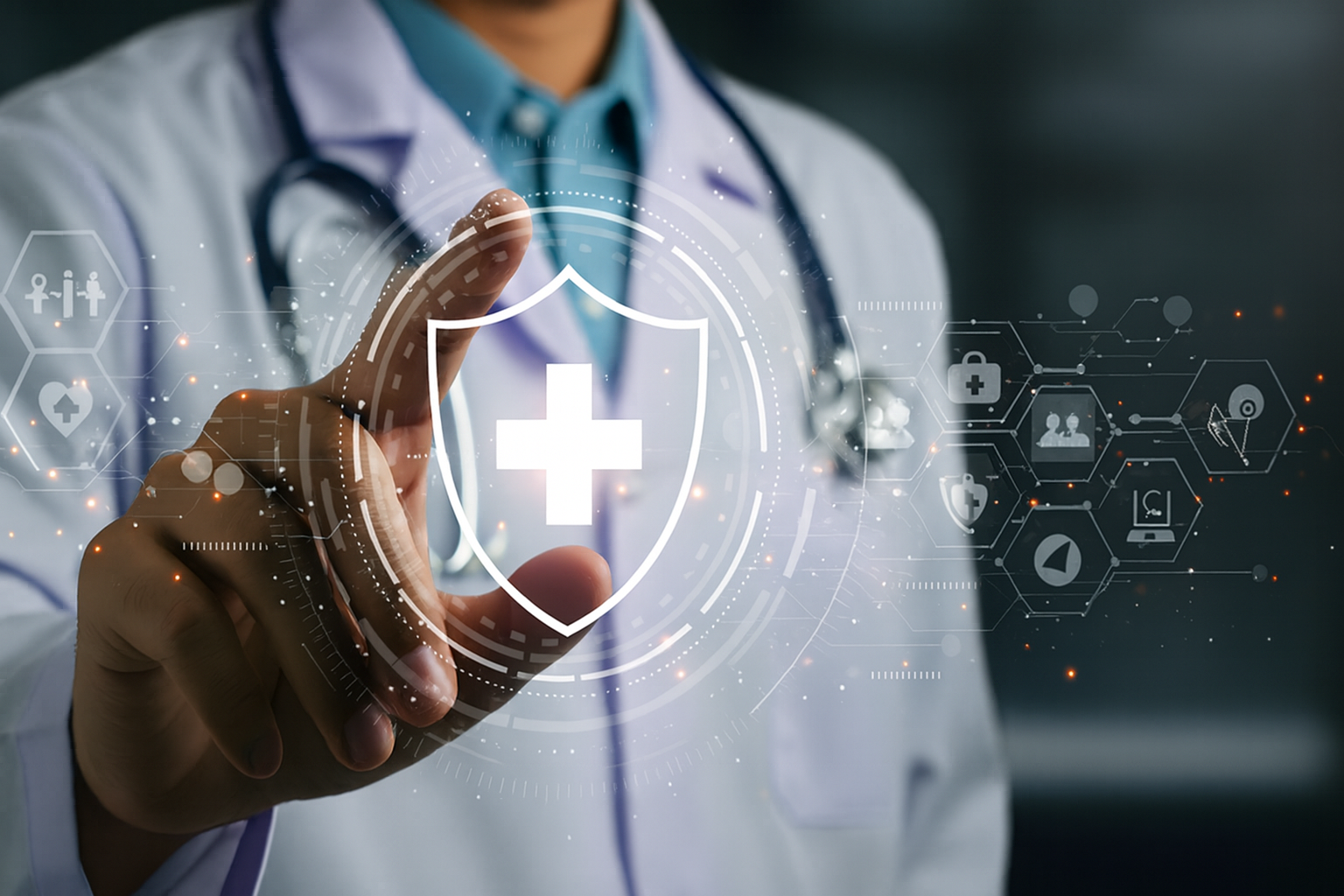 A doctor in a white coat touches a digital screen displaying a shield with a medical cross, symbolizing health protection and technology integration.