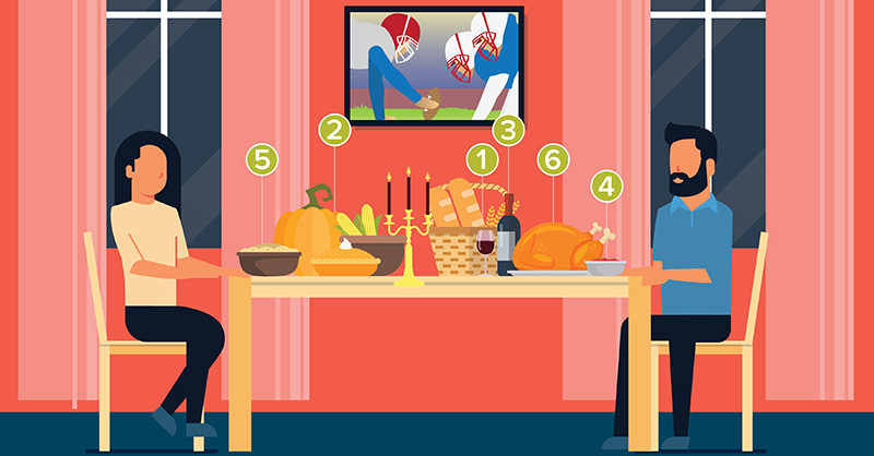 Man and woman sitting at thanksgiving table watching football