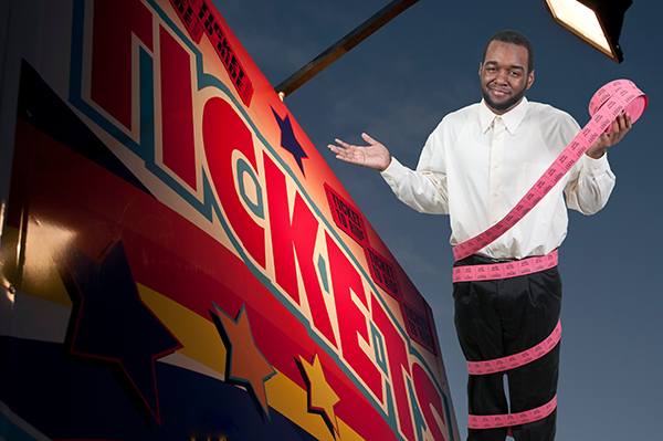 man wrapped in tickets