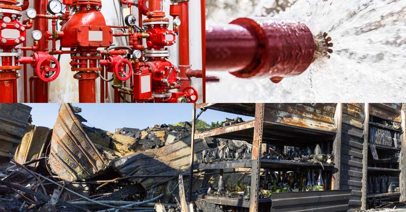 Collage of sprinkler images and fire damage