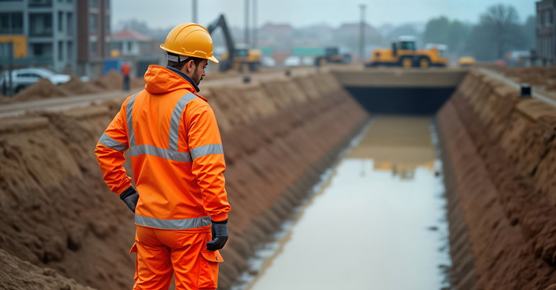 Construction workers laying underground pipes in trench.