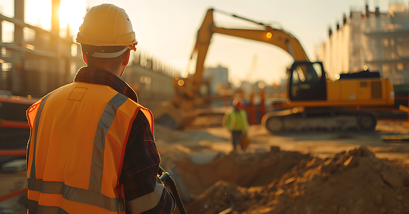 A construction foreman supervising a team of workers at a building site, ensuring safety and efficiency