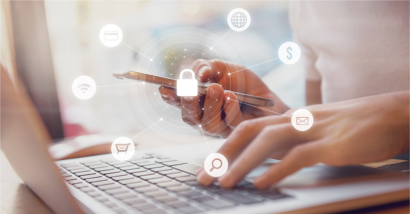 Mobile device and laptop with lock graphic and other icons