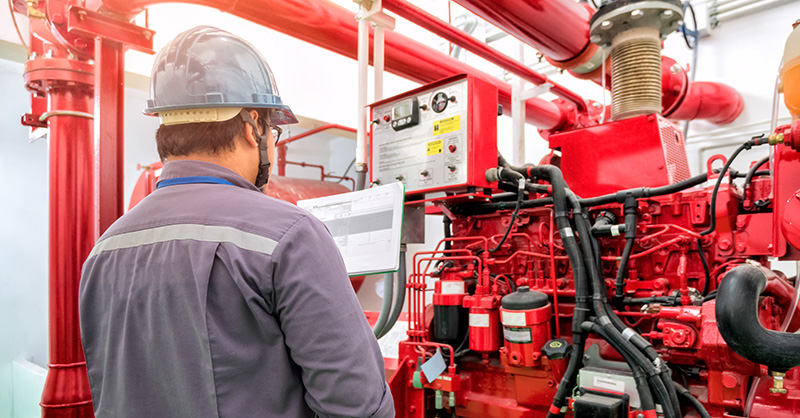 Engineer check generator pump for water sprinkler piping and fire protection system