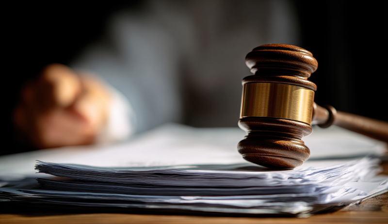 Legal Gavel Over Pile of Documents on Table with Blurred Background and Bokeh Effects