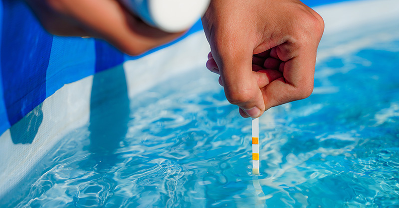 Hand holding a chemical test strip in pool water