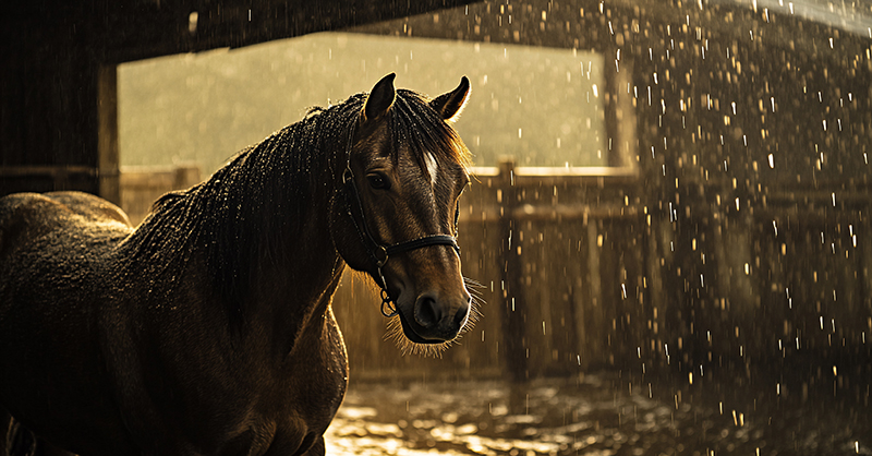 Horse in stable with rain