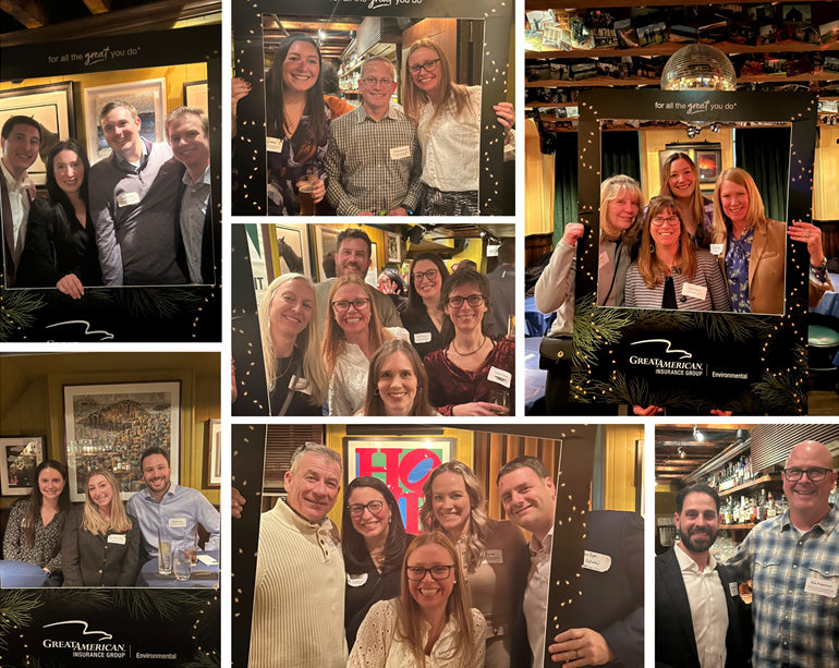 Environmental employee and agents grouped together at holiday party, Graphic