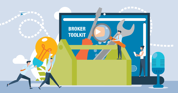 Toolkit next to laptop with workers carrying various tools, graphic