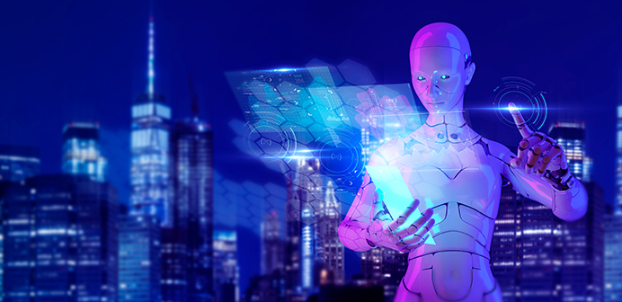 AI robot in front of city skyline