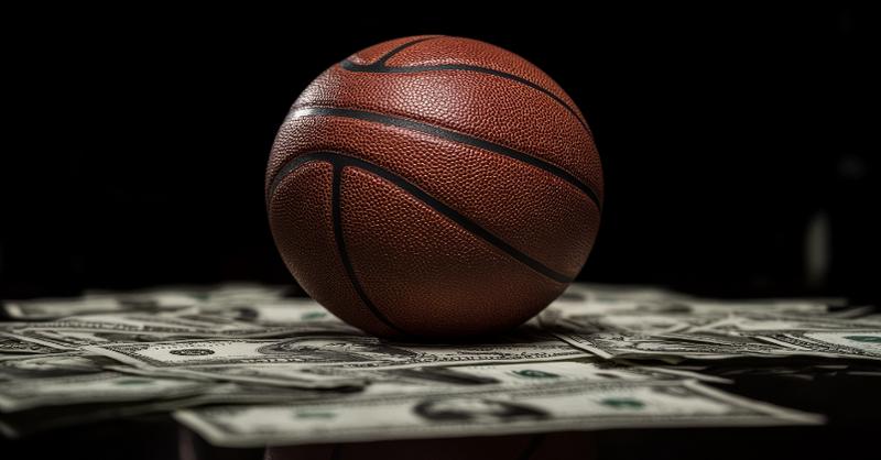 A basketball is placed on top of a pile of scattered U.S. dollar bills against a dark background.